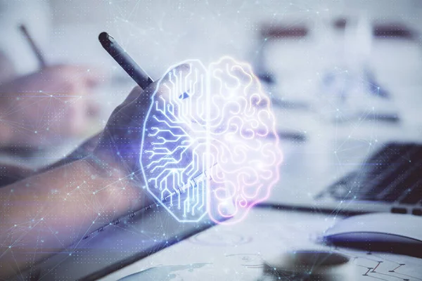 Doble exposición del cerebro dibujando sobre personas que toman notas de fondo. Concepto de Ai —  Fotos de Stock