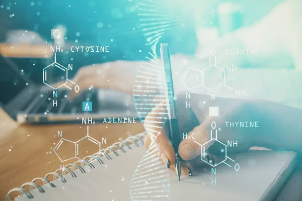 Podwójna ekspozycja tematu DNA nad ludźmi robiącymi notatki. Pojęcie edukacji medycznej — Zdjęcie stockowe