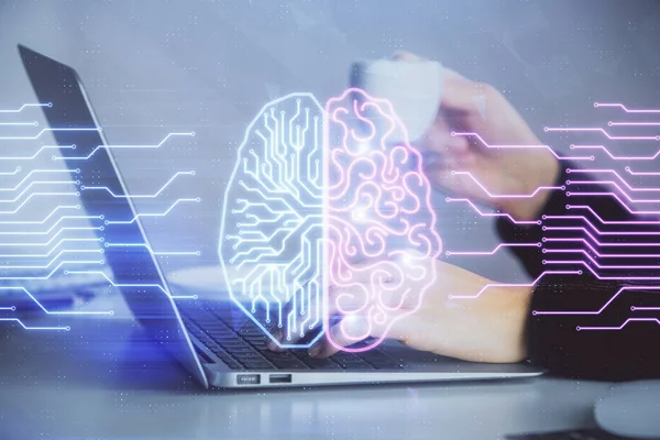 Multi exposition des mains de la femme travaillant sur l'ordinateur et le cerveau humain hologramme dessin. Concept Ai tech. — Photo