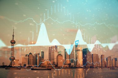 Gökdelenler arka planda çift pozlama ile şehir görünümünde eski grafik. Mali analiz kavramı.