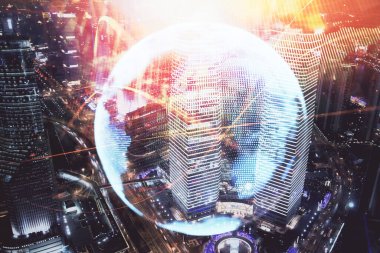 İş temalı hologram çizimine ve şehrin arka planına çifte maruz kalma. Başarı kavramı.