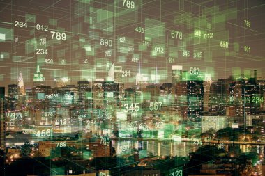 Veri temalı hologram gökdelenlerin arka planında çift pozlama ile şehir görünümüne çizim yapıyor. Ai kavramı.