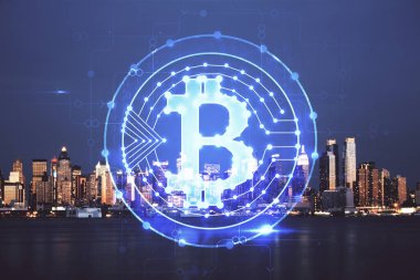 Kripto para birimi temalı hologram çizimine ve şehrin arka planına çoklu maruz kalma. Engelleme zinciri ve bitcoin kavramı.