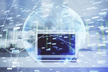 İş teması simgelerinin çifte pozlandırılması ve bilgisayar geçmişi olan çalışma alanı. Başarı kavramı.