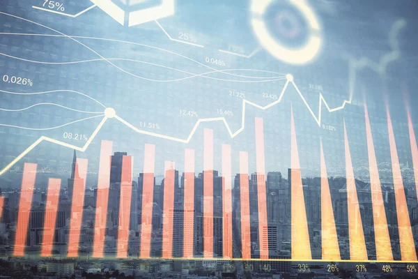 고층 빌딩의 배경에 다수의 노출로 도시 전망의 숲 그래프. 재정 분석 개념. — 스톡 사진
