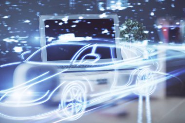 Otomobil hologramı çizimi olan masaüstü bilgisayar arkaplanı. Çoklu maruz kalma. Teknoloji kavramı.