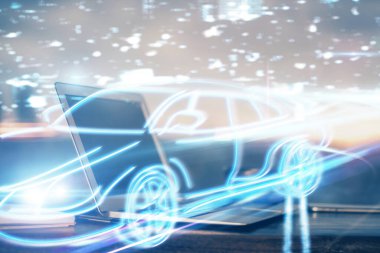 Otomobil hologramı çizimi olan masaüstü bilgisayar arkaplanı. Çoklu maruz kalma. Teknoloji kavramı.