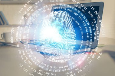 Ofisteki bilgisayarın parmak izi çizimi. Çifte maruziyet. İş veri güvenliği kavramı.