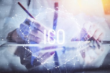 Şifreli para hologramı, kadınların el yazısı üzerine. Engelleme zinciri kavramı. Çift pozlama