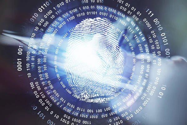 Голубая голограмма с отпечатками пальцев над руками, записывающая фон. Концепция безопасности. Двойное воздействие — стоковое фото