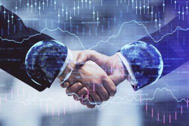 Forx grafik hologramı ve iki adamın el sıkışması. Borsa konsepti.