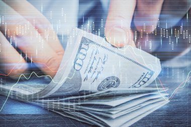 Forx grafiği, hologram, Amerikan dolarları ve insan eli çizimleri. Teknik Analiz kavramı.