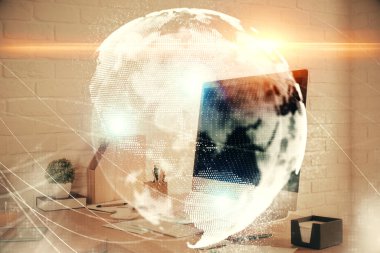 İş teması çizimi ve ofis içi arka planına çifte maruz kalma. Başarı kavramı