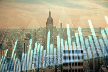 Gökdelenler arka planda çift pozlama ile şehir görünümünde eski grafik. Mali analiz kavramı.