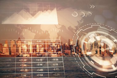 Yüksek binaların arka planında çoklu pozlama olan eski şehir haritası. Finansal araştırma kavramı.