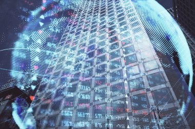 İş temalı hologram çizimine ve şehrin arka planına çifte maruz kalma. Başarı kavramı.