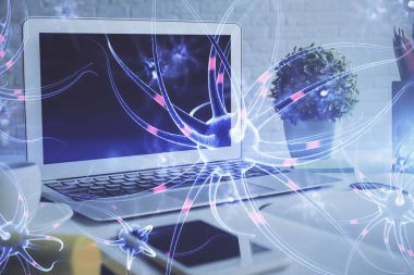 Masaüstü bilgisayar arkaplanı ve nöron çizimi. Çifte maruziyet. Eğitim kavramı.