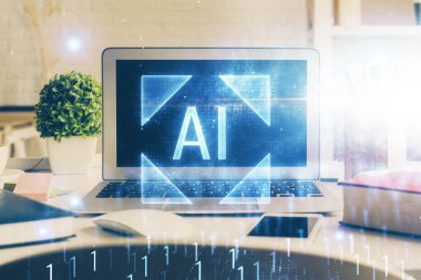 Kişisel bilgisayar ve teknik tema çizimi ile masaüstü çok açıkta. Büyük Veri Kavramı.