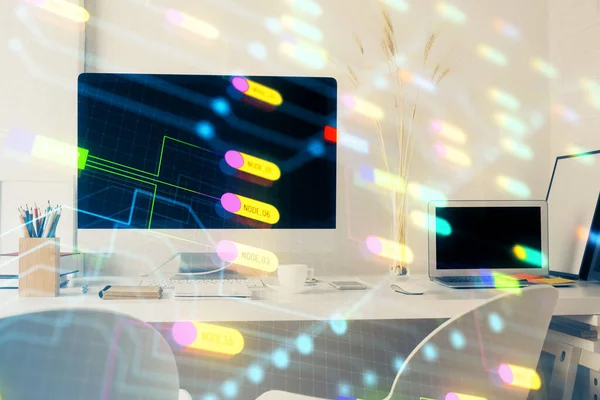 Double exposure of desktop with personal computer on background and tech theme drawing. Concept of Bigdata. — Stock Photo, Image