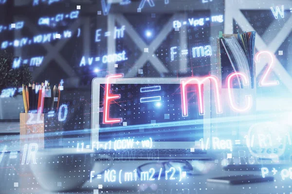 Desktop computer background and formula hologram writing. Double exposure. Education concept. — Stock Photo, Image