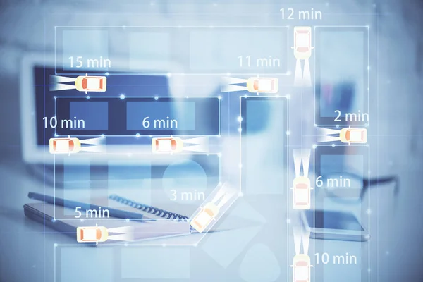 Fondo de escritorio de la computadora en la oficina con el dibujo del holograma del automóvil. Exposición múltiple. Concepto técnico. —  Fotos de Stock