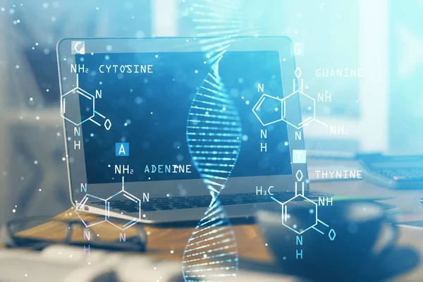 台式计算机背景和DNA绘图。加倍暴露。科学概念. — 图库照片