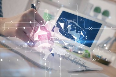 Arka planda beyin hologramıyla el yazısına çok maruz kalmış. Kendi kendine öğrenme kavramı.