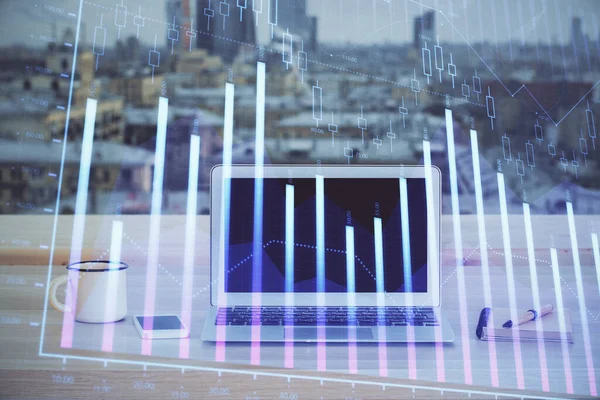 Financial chart drawing and table with computer on background. Multi exposure. Concept of international markets. — Stock Photo, Image