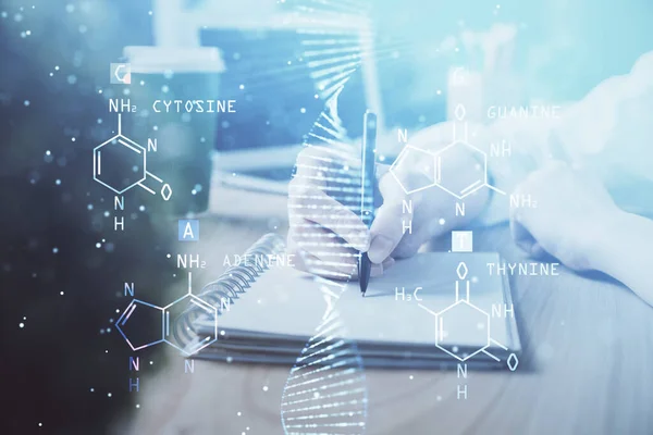 El tema del ADN holograma sobre las manos de las mujeres escribiendo antecedentes. Concepto de educación. Doble exposición —  Fotos de Stock