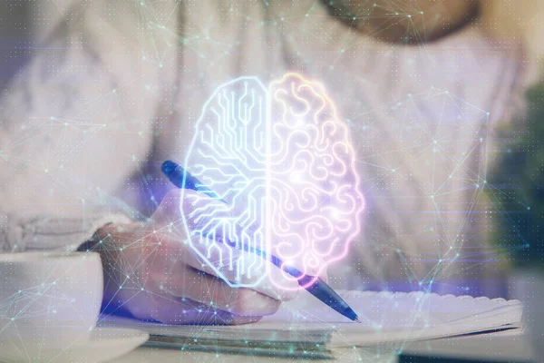 Wielokrotna ekspozycja pisma na tle z hologramem mózgu. Pojęcie uczenia się. — Zdjęcie stockowe