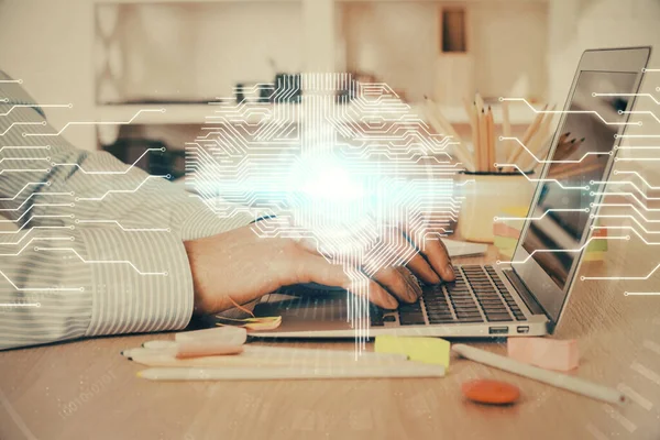 Man typing on keyboard background with brain hologram. Concept of big Data. Double exposure. — Stock Photo, Image