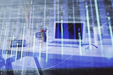 Finansal grafik çizimine ve ofis içi arka planına çifte maruz kalma. Borsa konsepti.