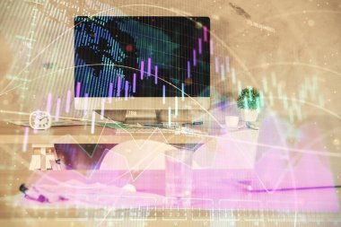 Finansal grafik çizimi ve ofis içi arka planının çoklu pozu. Pazar analizi kavramı.