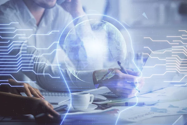 Doble exposición de hombres y mujeres trabajando juntos y dibujando un holograma cerebral. Concepto de lluvia de ideas intelectual. Fondo informático. —  Fotos de Stock