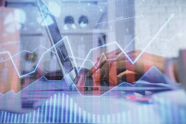 Bilgisayarda ve ön x grafik hologram çiziminde kadın eli yazarken çift pozlama. Borsa yatırım kavramı.