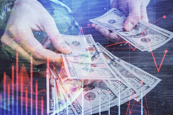 Multi exponering av finansiella diagram rita hologram och USA dollar räkningar och manshänder. Analyskoncept. — Stockfoto