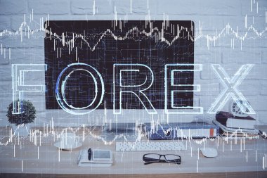 Bilgisayar geçmişi olan eski grafik hologramı. Çifte maruziyet. Finans piyasası kavramı.