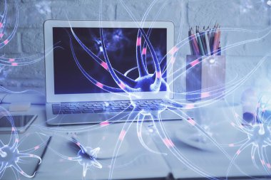 Masaüstü bilgisayar arkaplanı ve nöron çizimi. Çifte maruziyet. Eğitim kavramı.