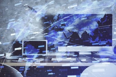 Teknoloji temalı çizim ve bilgisayarla çalışma alanı. Çoklu maruz kalma. Yenilik kavramı.