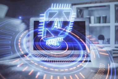 Teknoloji temalı çizim ve bilgisayarlı masa. Çoklu maruz kalma. Bilgi kavramı.