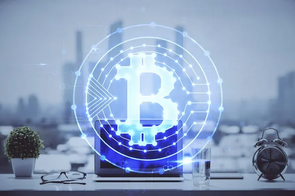 Double exposure of blockchain and crypto economy theme hologram and table with computer background. Concept of bitcoin cryptocurrency. — Stock Photo, Image