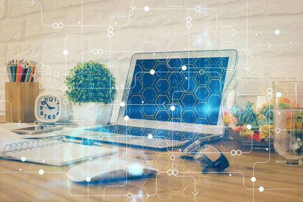 Multi exposure of desktop with personal computer and tech theme drawing. Concept of Bigdata. — Stock Photo, Image