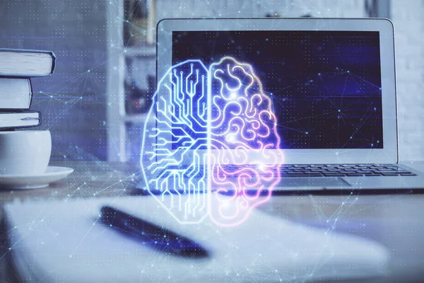 Doble exposición de la mesa de trabajo con el holograma de la computadora y del cerebro. Concepto de lluvia de ideas . —  Fotos de Stock