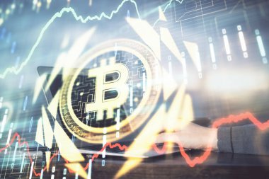 Arka planda bilgisayar üzerinde çalışan bir iş adamıyla engelleme temalı Hud. Kripto zinciri kavramı. Çift pozlama.