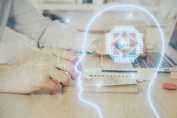 Hombre escribiendo en el fondo del teclado con holograma cerebral. Concepto de big data. Doble exposición. —  Fotos de Stock