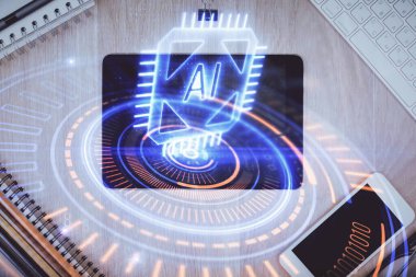 Çalışma masası üzerinde çoklu teknoloji temalı çizim. Üst Manzara. Küresel veri analiz kavramı.