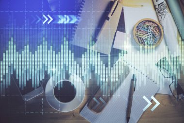 Ön x grafik çizimi ve çalışma masası üst veiw çift pozlama. Mali analiz kavramı.