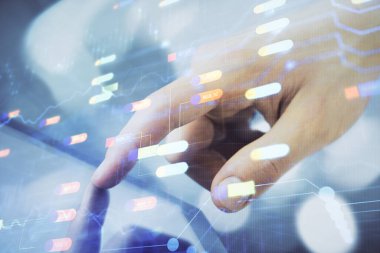 Erkeklerin el ele tutuşmaları ve dijital bir cihaz ve veri temalı çizimler kullanmaları. Yenilik kavramı.