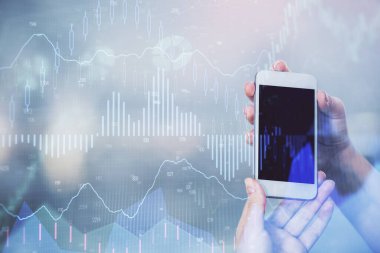 Ön x grafik çizimine çift pozlama hologram ve cep telefonu kullanan bir kadın. Borsa konsepti.