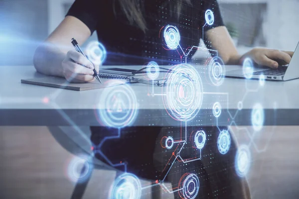 Multi exposure of woman hands working on computer and data theme hologram drawing. Tech concept. — Stock Photo, Image